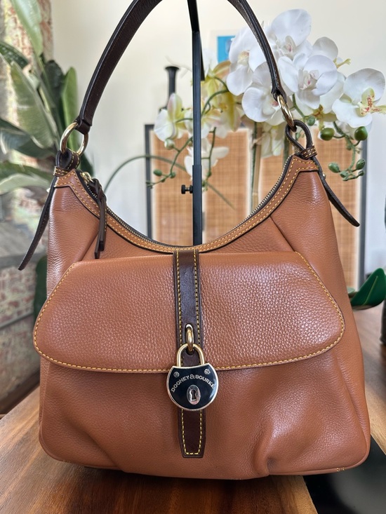 Dooney & Bourke Handbags - Dooney & Bourke Pebbled Leather Shoulder Bag Brown Tan Hobo Lock Logo Purse $398